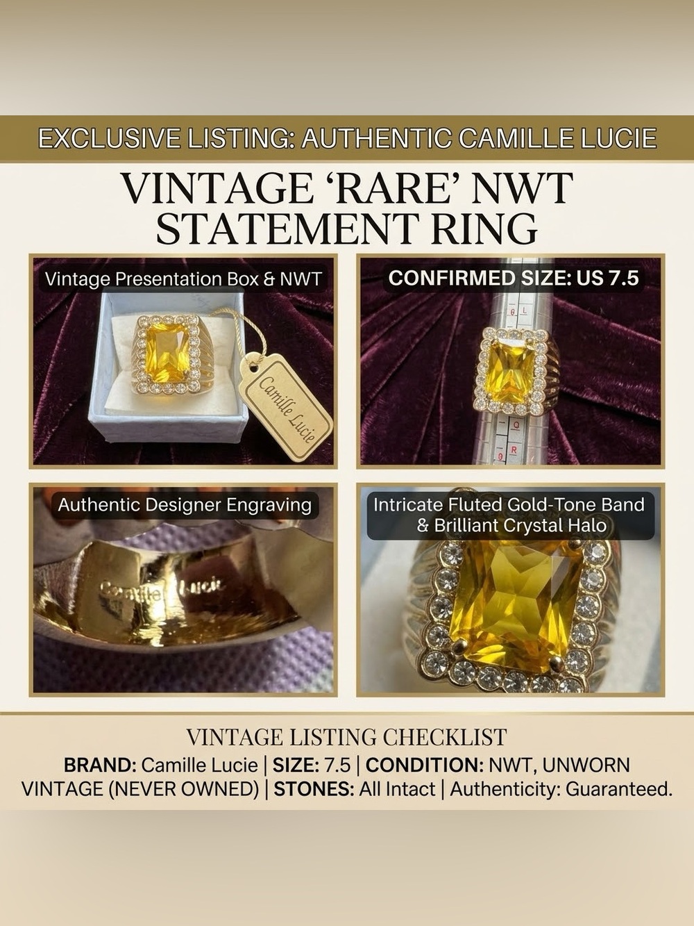 Vintage Camille Lucie with tags gorgeous 7.5 ring